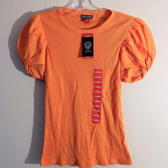 Vince Camuto Ribbed Puff Short Sleeve Fitted Top Womens XS Tangerine NWT Cotton - Picture 1 of 10